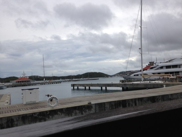 Overcast view of the marina from Fresh Bistro at Yacht Haven Grande