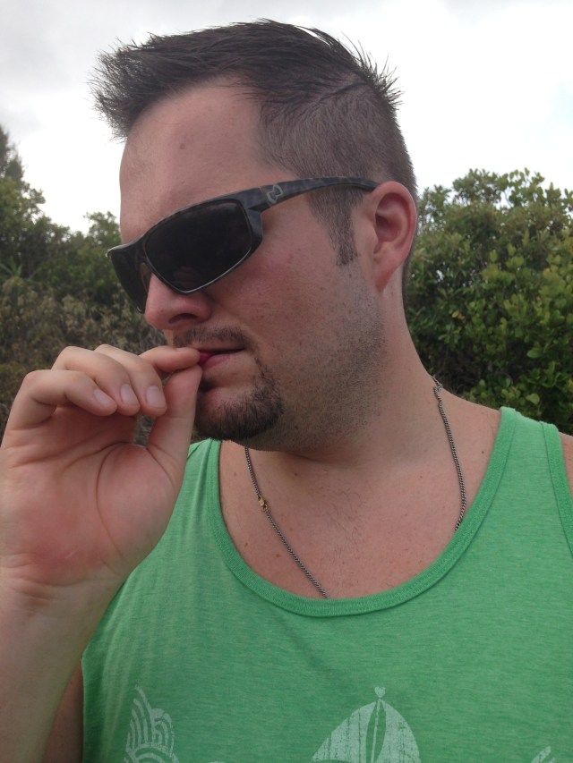 Tasting a pink cactus fruit. 